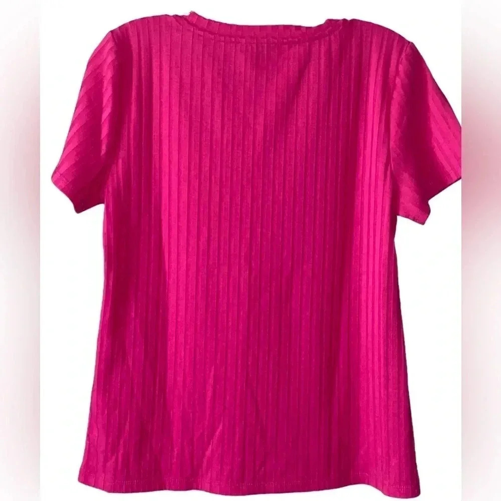 VINCE CAMUTO | Hot Pink Ribbed Knit Short Sleeve Crewneck T-Shirt Top Size M - Picture 2 of 6